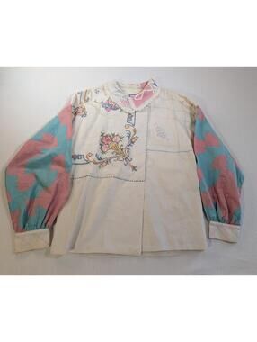 Vintage Embroidered Patchwork Blouse with Lace Collar and Color Block Sleeves